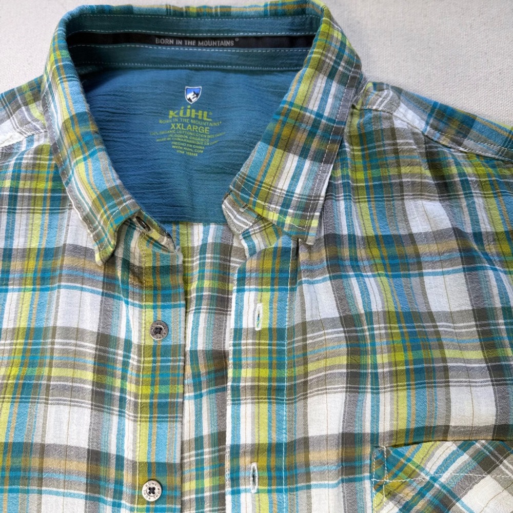 Kuhl Mens XXL Great Color Organic Cotton Plaid Button Up Shirt Blue Green SS